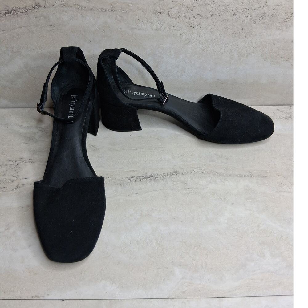 Jeffrey Campbell Black Suede Ankle Strap Block Heel Pump with Square Toe Size 10